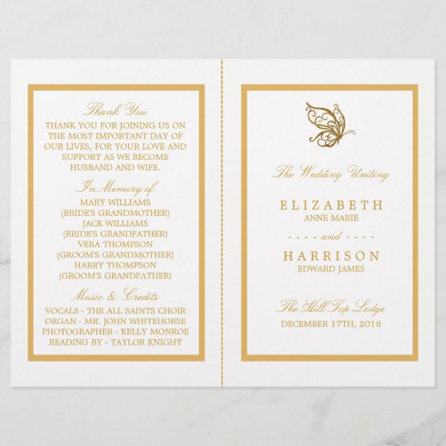 Vintages Gold Glitzer Butterfly-Hochzeitsprogramm (Vorderseite)