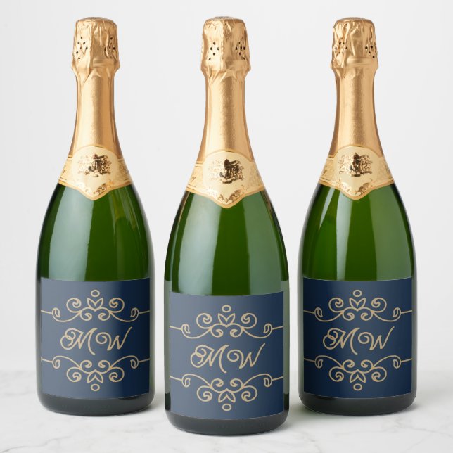 Vintages Gold & Navy Blue-Elegant-Monogramm Geblüh (Flaschen)