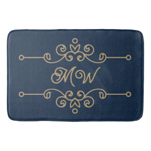 Vintages Gold & Navy Blue-Elegant-Monogramm Geblüh Badematte