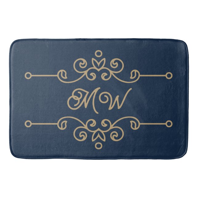 Vintages Gold & Navy Blue-Elegant-Monogramm Geblüh Badematte (Vorderseite)