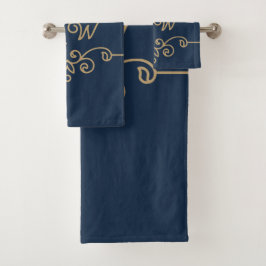 Vintages Gold & Navy Blue-Elegant-Monogramm Geblüh Badhandtuch Set