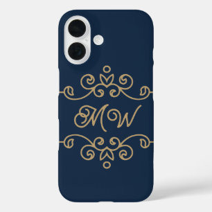 Vintages Gold & Navy Blue-Elegant-Monogramm Geblüh iPhone 16 Hülle