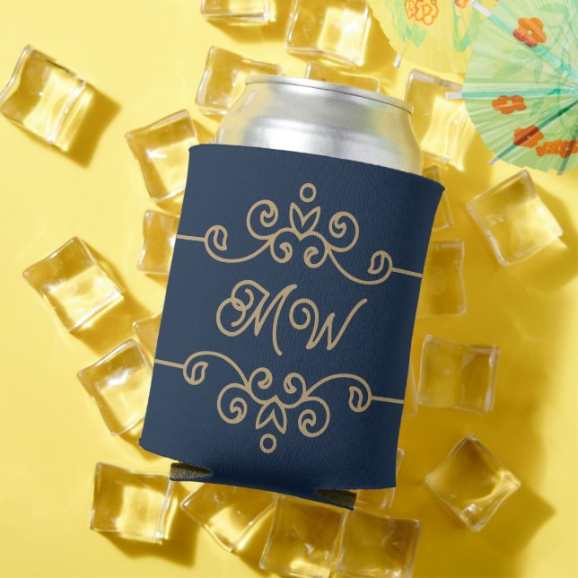 Vintages Gold & Navy Blue-Elegant-Monogramm Geblüh Dosenkühler (In Situ Sommer)