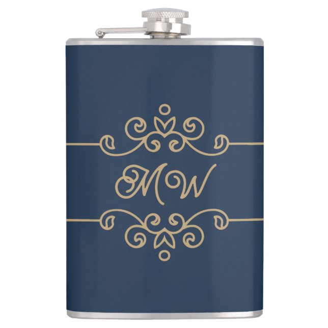 Vintages Gold & Navy Blue-Elegant-Monogramm Geblüh Flachmann (Vorderseite)