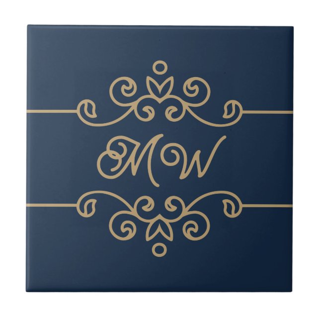 Vintages Gold & Navy Blue-Elegant-Monogramm Geblüh Fliese (Vorderseite)
