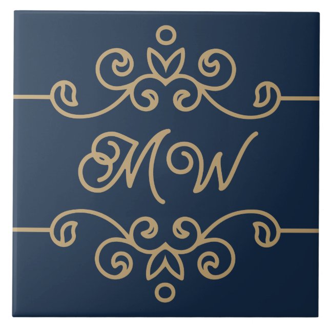 Vintages Gold & Navy Blue-Elegant-Monogramm Geblüh Fliese (Vorderseite)