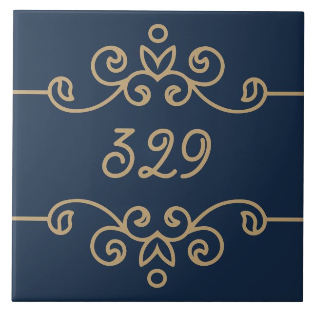 Vintages Gold & Navy Blue-Elegant-Monogramm Geblüh Fliese (Vorderseite)