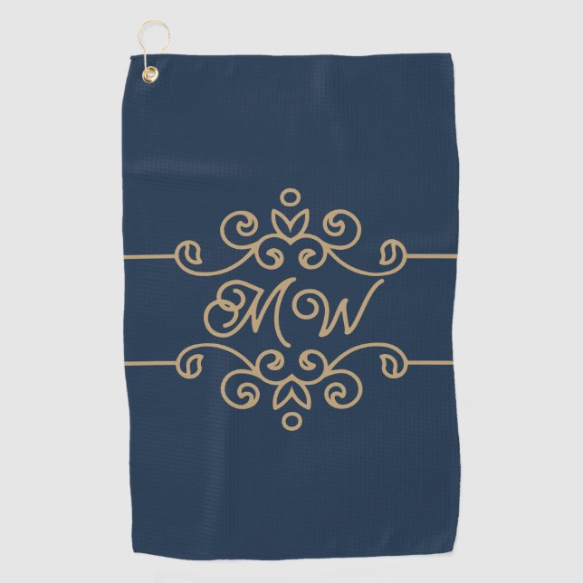 Vintages Gold & Navy Blue-Elegant-Monogramm Geblüh Golfhandtuch (Vorderseite)