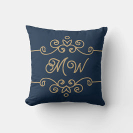 Vintages Gold & Navy Blue-Elegant-Monogramm Geblüh Kissen