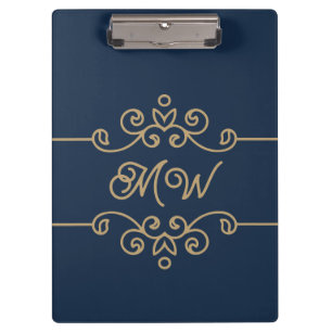 Vintages Gold & Navy Blue-Elegant-Monogramm Geblüh Klemmbrett