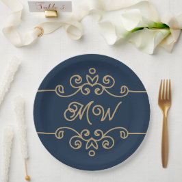 Vintages Gold & Navy Blue-Elegant-Monogramm Geblüh Pappteller