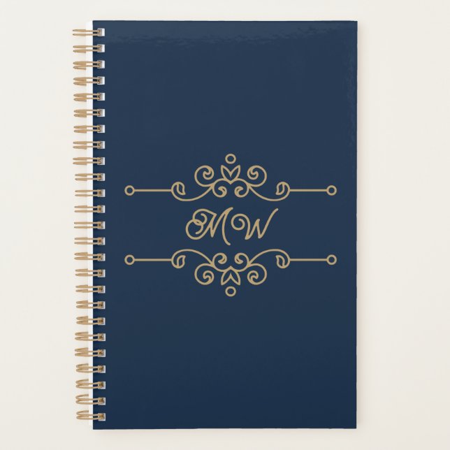Vintages Gold & Navy Blue-Elegant-Monogramm Geblüh Planer (Vorderseite)