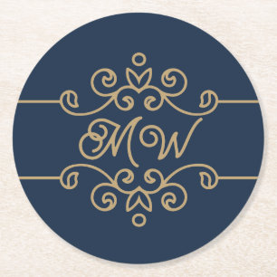 Vintages Gold & Navy Blue-Elegant-Monogramm Geblüh Runder Pappuntersetzer