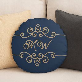 Vintages Gold & Navy Blue-Elegant-Monogramm Geblüh Rundes Kissen