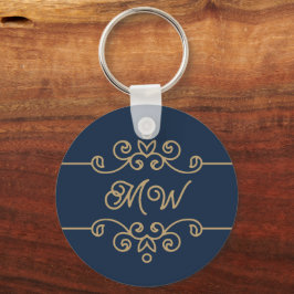 Vintages Gold & Navy Blue-Elegant-Monogramm Geblüh Schlüsselanhänger