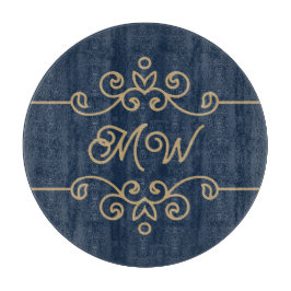 Vintages Gold & Navy Blue-Elegant-Monogramm Geblüh Schneidebrett