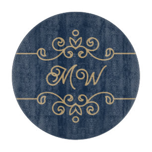 Vintages Gold & Navy Blue-Elegant-Monogramm Geblüh Schneidebrett