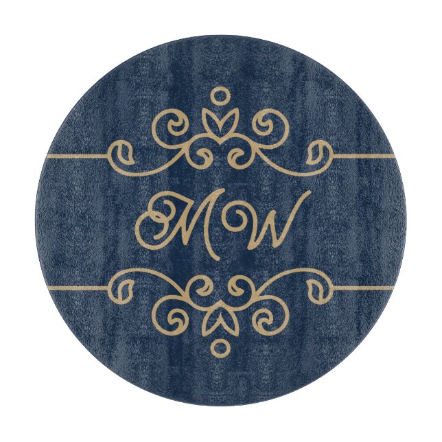 Vintages Gold & Navy Blue-Elegant-Monogramm Geblüh Schneidebrett (Vorderseite)