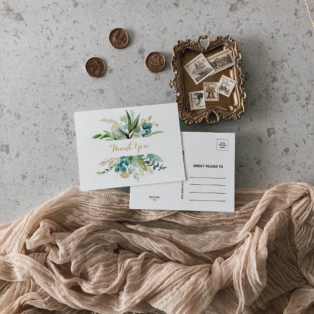 Vintages Gold und grüne Eukalyptus Vielen Dank Postkarte (Von Creator hochgeladen)