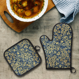 Vintages Gold und Navy Blue Luxus Abstraktes Muste Ofenhandschuh & Topflappen-Set