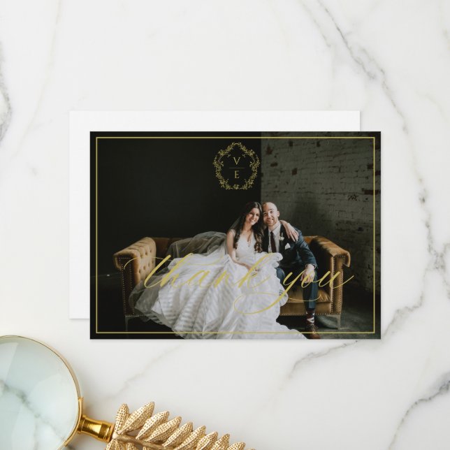 Vintages Gold Wappen Monogram Wedding Foto Dankeskarte (Vorderseite/Rückseite Beispiel)