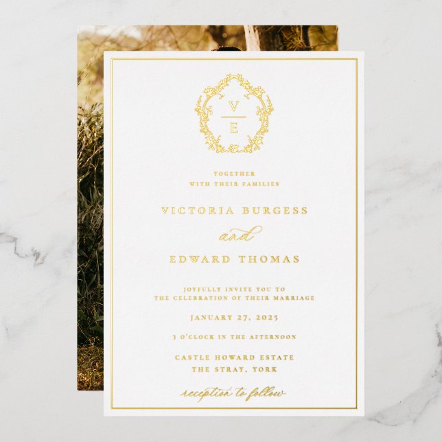 Vintages Gold Wappen Monogram Wedding Foto Folieneinladung (Vorderseite/Rückseite)