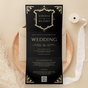 Vintages Gold Wappen QR Code Black Wedding Dreifach Gefaltete Einladung