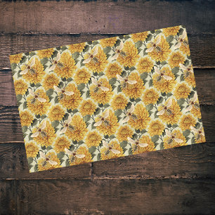 Vintages Golden Dahlias und Bienen-Blumenmuster Seidenpapier