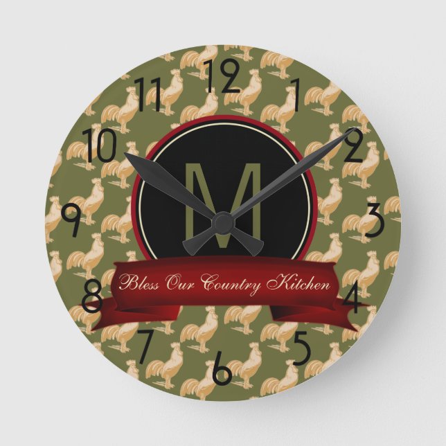 Vintages goldenes Hahn-Muster Runde Wanduhr (Vorderseite)