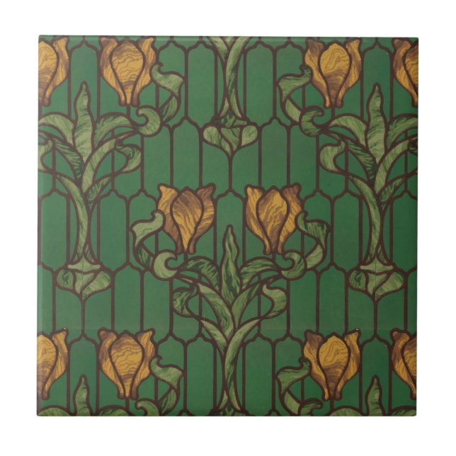 Vintages Goldenes Tulips Art Nouveau Blumenmuster Fliese (Vorderseite)