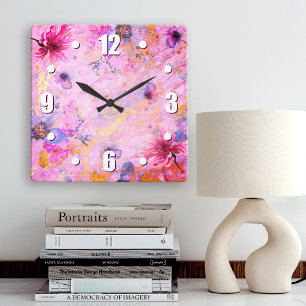 Vintages goldfarbenes, florales Aquarell romantisc Quadratische Wanduhr