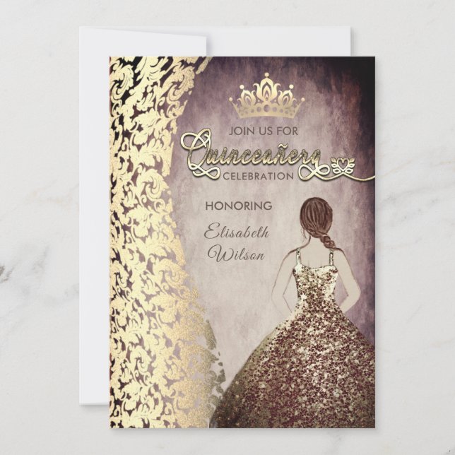 Vintages Goldkleid Damask tiara Quinceañera Einladung (Vorderseite)