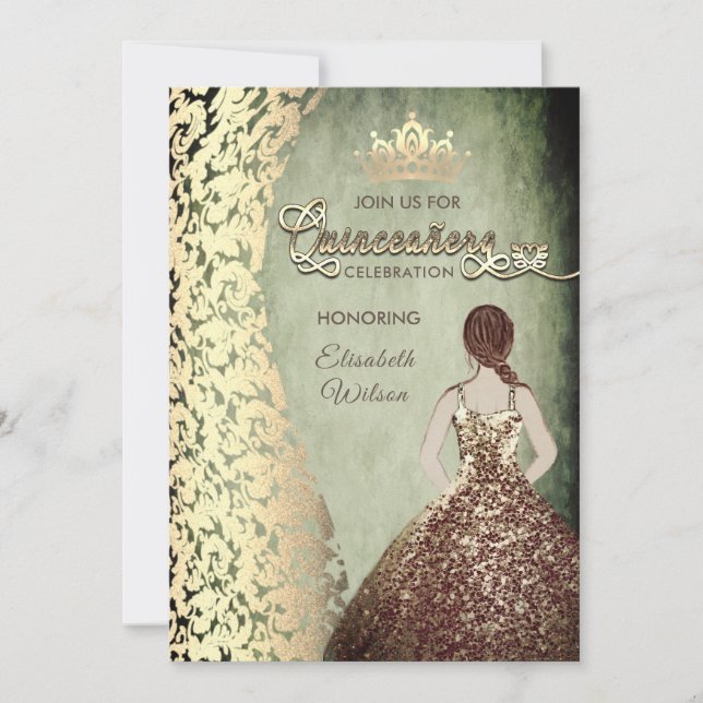 Vintages Goldkleid Damask tiara Quinceañera Einladung (Vorderseite)