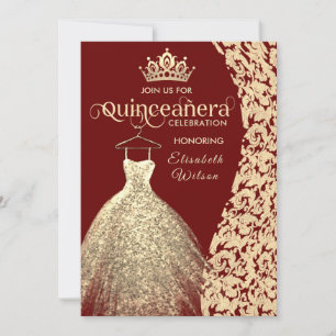 Vintages Goldkleid Damask tiara Quinceañera Rot Einladung