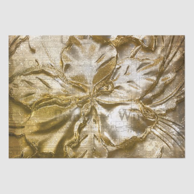 Vintages Goldmotiv mit Blumenmotiv Weißer Glitzer Seidenpapier (Vorderseite)