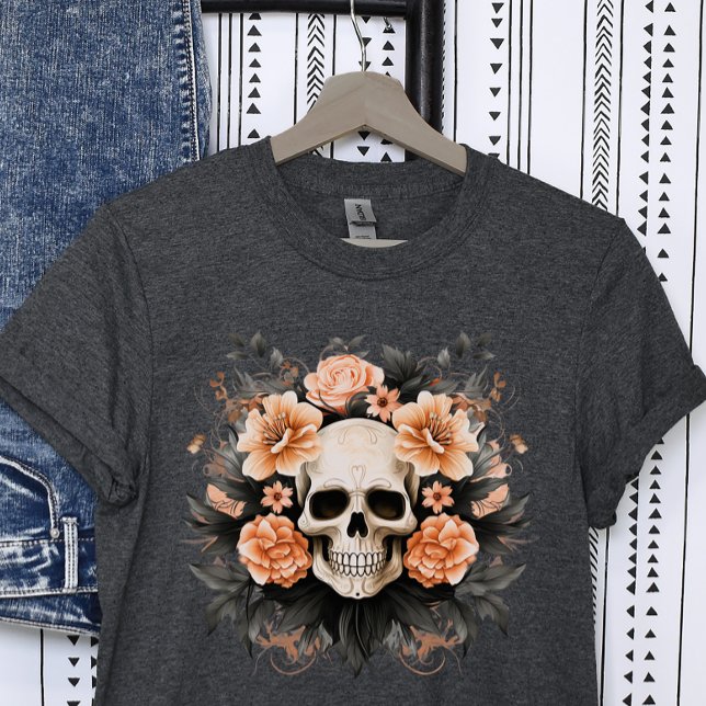 Vintages gotisches BlumenkronenHalloween T-Shirt (Vintage Floral Skull Halloween Shirt)