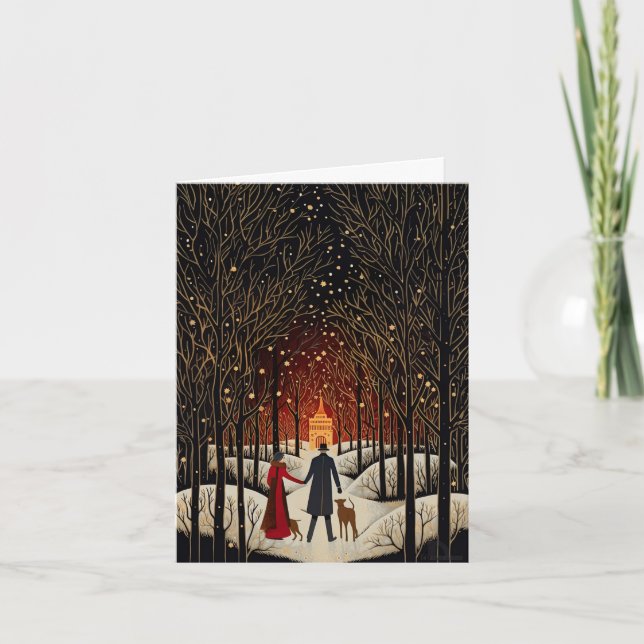 Vintages Gouache Winterpaar und Kirchenleere (Vorderseite)