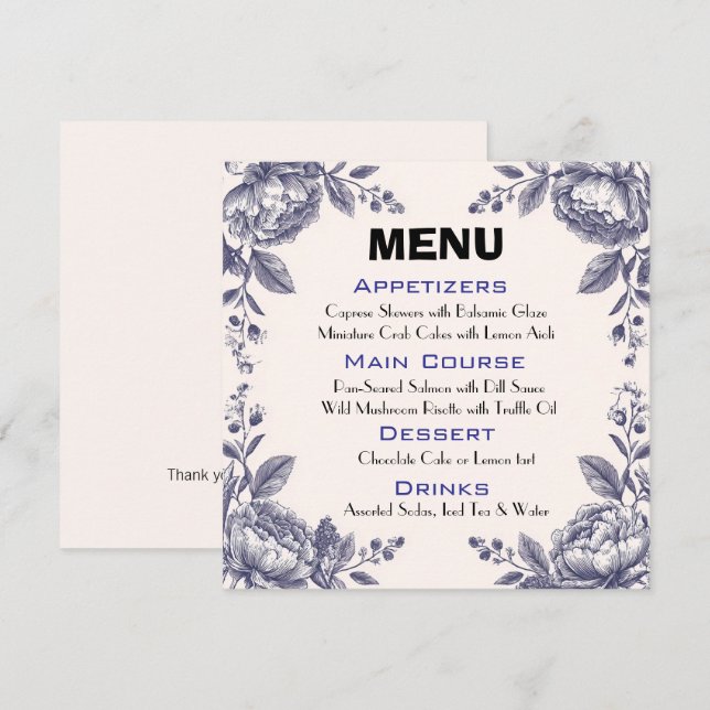 Vintages Gravur-Botanisches Hochzeitmenü Menükarte (Vorne/Hinten)