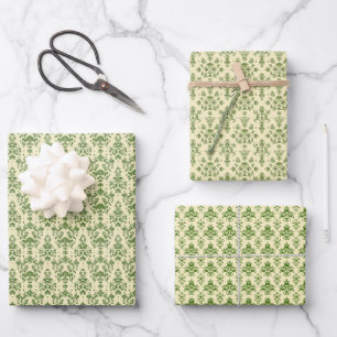 Vintages Green Damask Muster auf hellbeige Geschenkpapier Set
