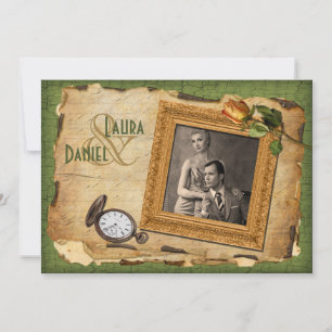 Vintages Green, Gold Frame Foto Wedding Einladung