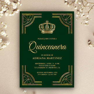 Vintages Green Gold Verziert Crown Quinceanera Einladung
