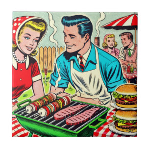 Vintages Grillrestaurant Couple Comic Fliese