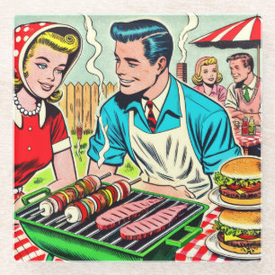 Vintages Grillrestaurant Couple Comic Glasuntersetzer