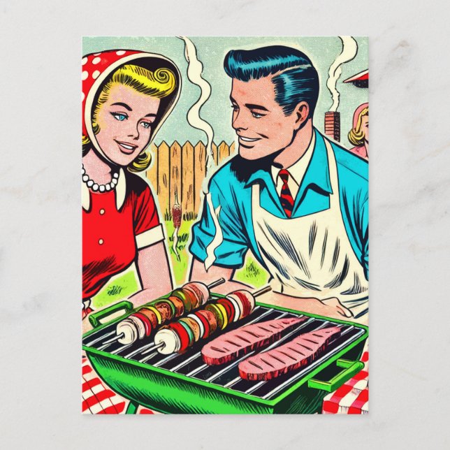 Vintages Grillrestaurant Couple Comic Postkarte (Vorderseite)