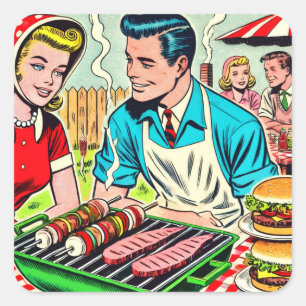 Vintages Grillrestaurant Couple Comic Quadratischer Aufkleber