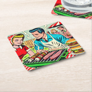 Vintages Grillrestaurant Couple Comic Rechteckiger Pappuntersetzer