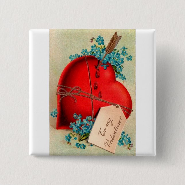 Vintages großes rotes Blutungsherz Valentine Postk Button (Vorderseite)