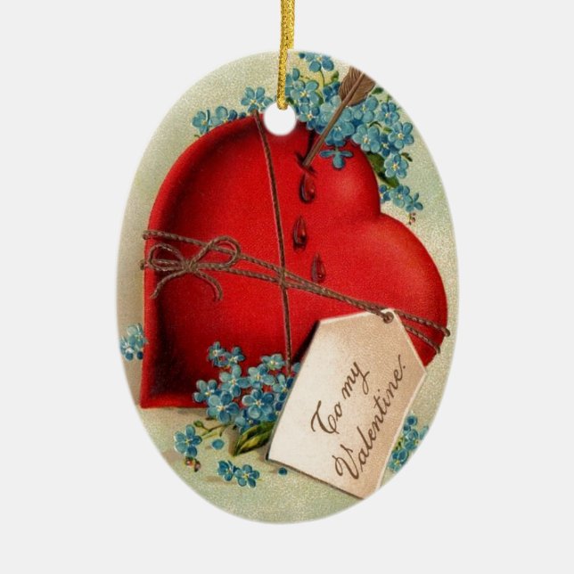 Vintages großes rotes Blutungsherz Valentine Postk Keramikornament (Vorne)