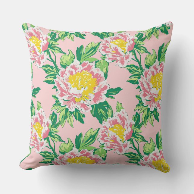 Vintages Grossrosa und Gelbpfirsiche Kissen (Vorderseite)