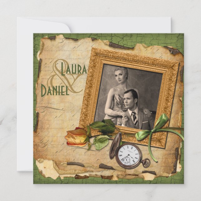 Vintages Grün, Gold Frame Foto Hochzeitsempfang Einladung (Vorderseite)